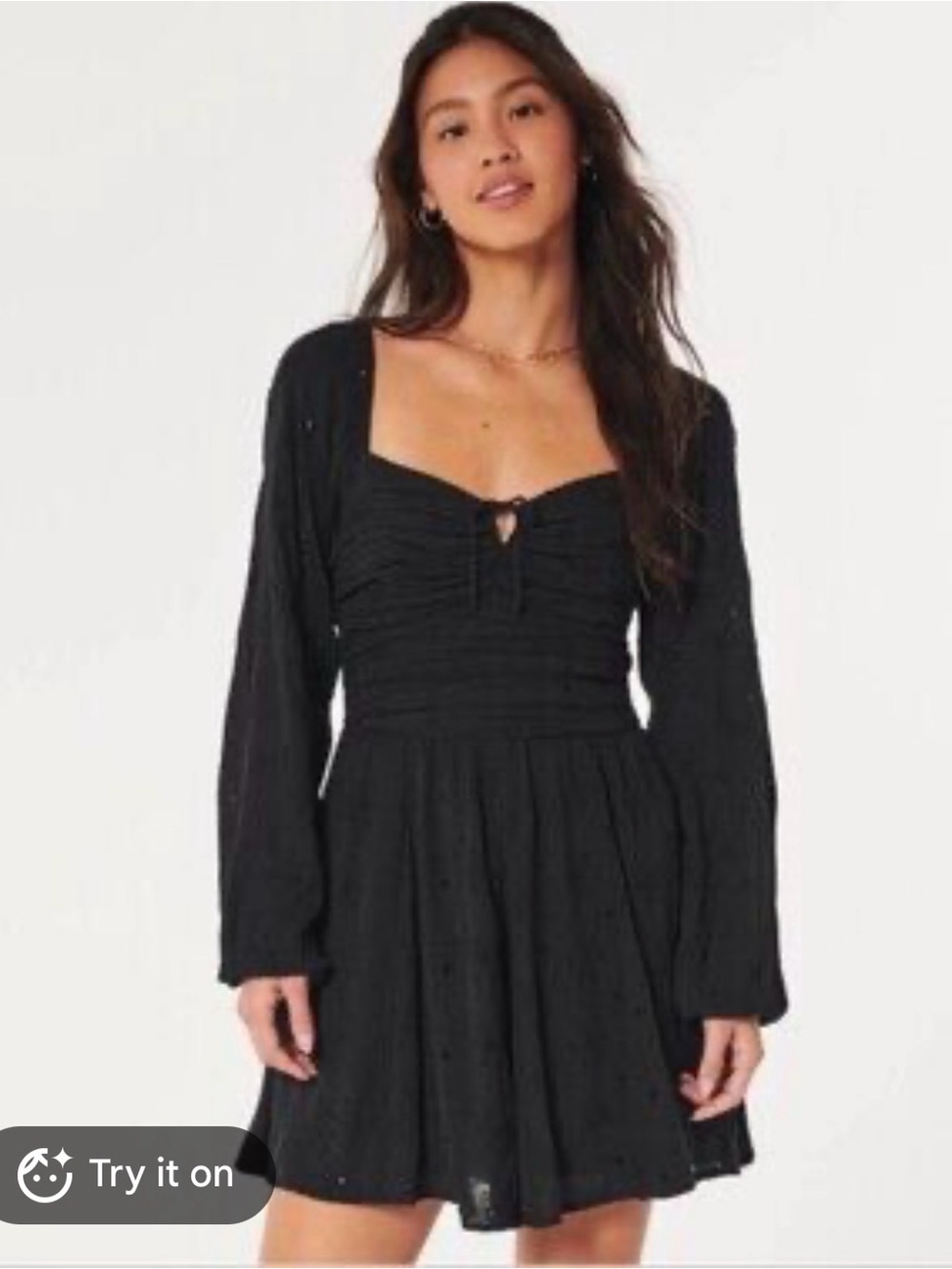 Hollister Black Smocked Sweetheart Long-Sleeve Mini Dress